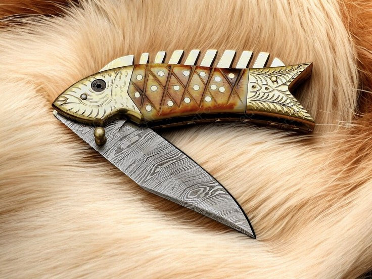 Handmade Damascus Pocket Knife – Bone Handle & Brass Engraving