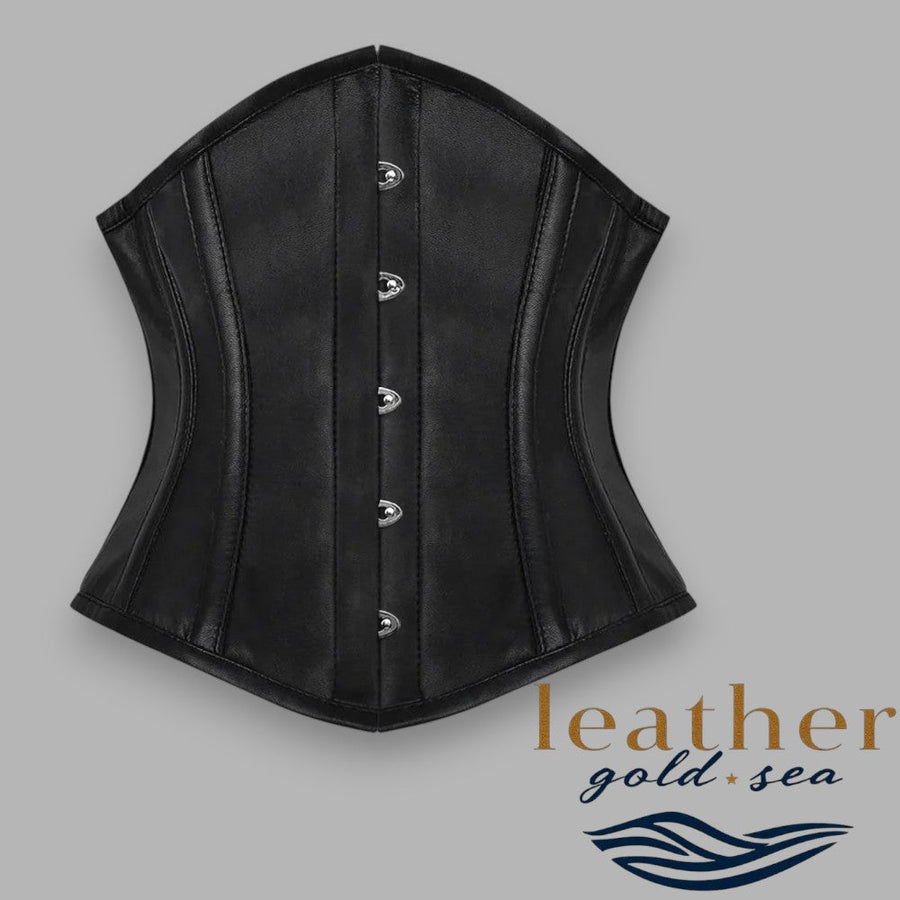 Leather Underbust Corset | Black Leather Corset with Silver Studs