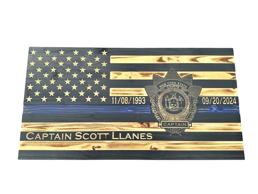 Custom Thin Blue Line Wooden Flag with Engraved Police Badge