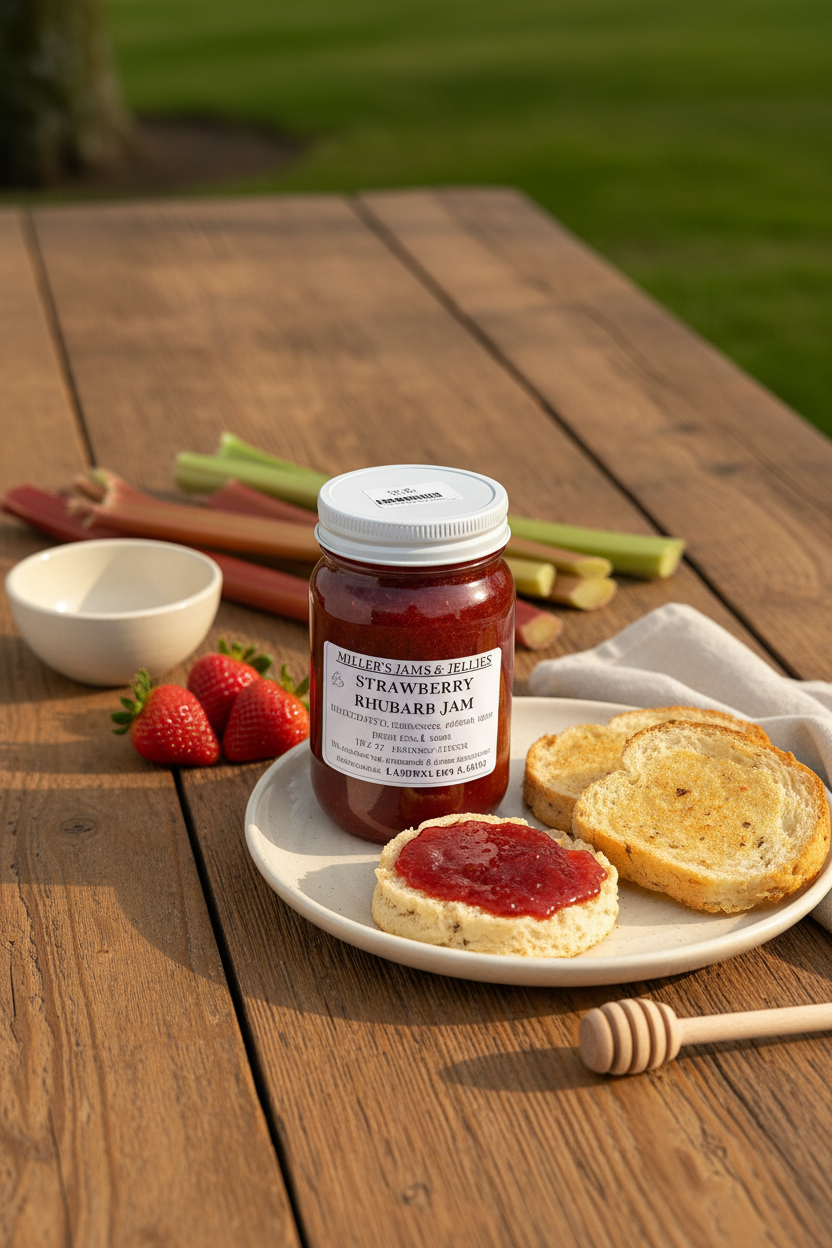 Miller’s Strawberry Rhubarb Jam with strawberries, rhubarb, and biscuits in a styled scene.