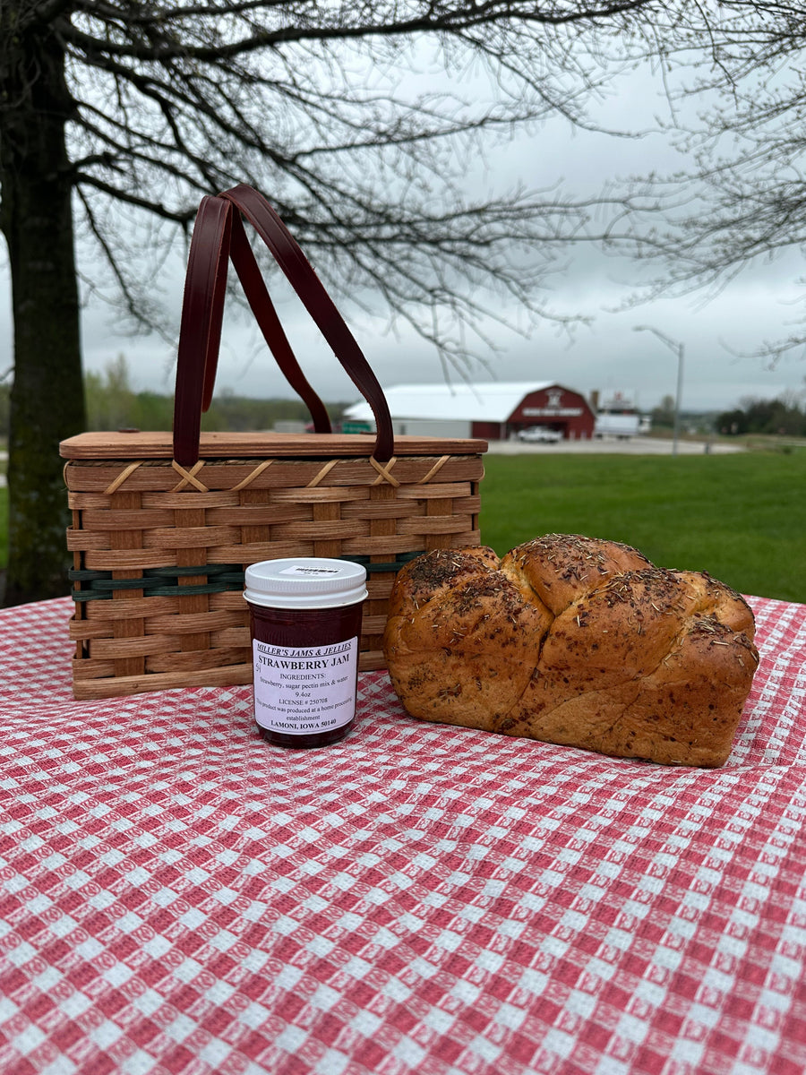 Miller’s Strawberry Jam 9.4 oz jar with ingredient label.
