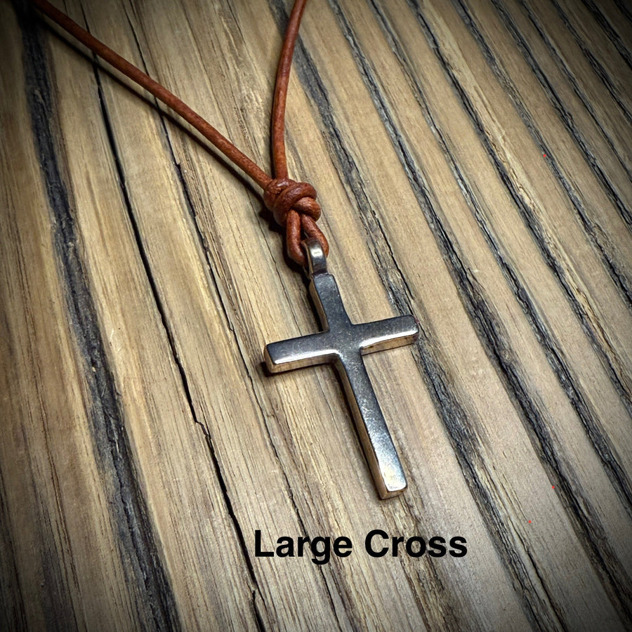 Large Classic Cross pendant and brown leather cord