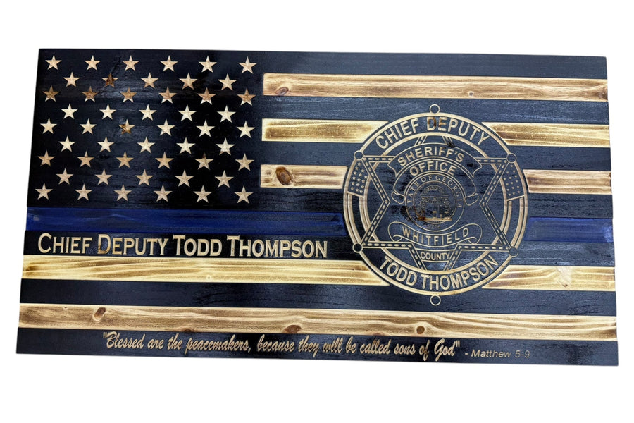 Custom Thin Blue Line Wooden Flag with Engraved Police Badge