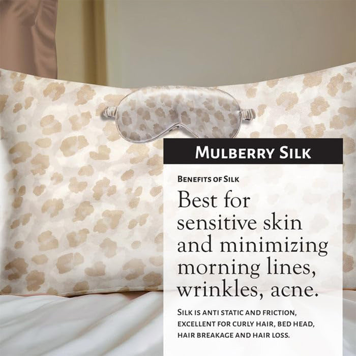 Market Fresh Beauty Mulberry Silk Sleep Set, Pillowcase, Eye Mask and Hair Scrunchie, Silk, Cream Leopard