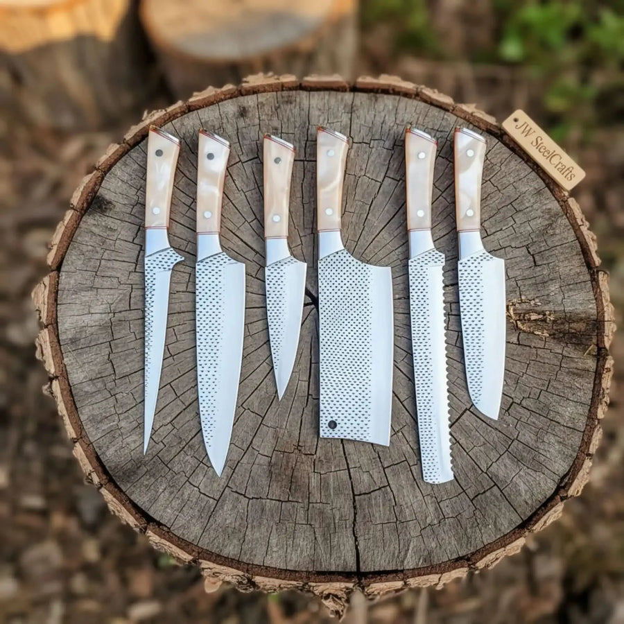 6-Piece Rasp Steel Kitchen Knife Set — Dimple Textured Blades, Cream Resin Handles, Copper Bolsters & Steel Pommels