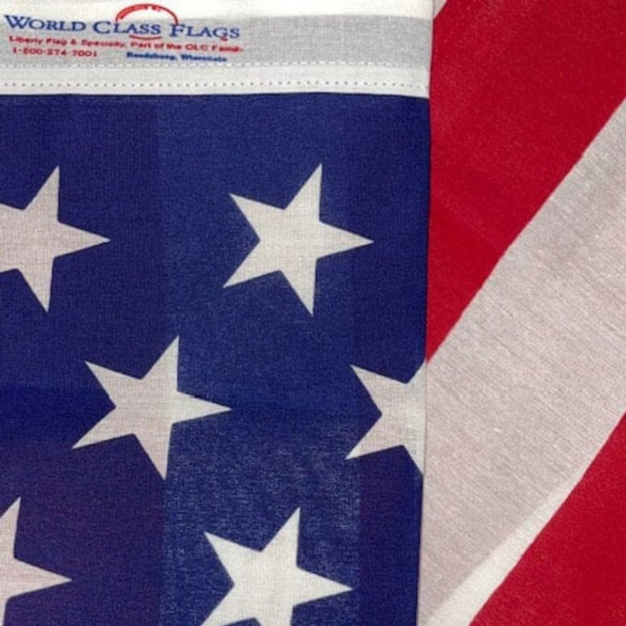 Close-up of 3x5 American flag with white stars and red-and-white stripes