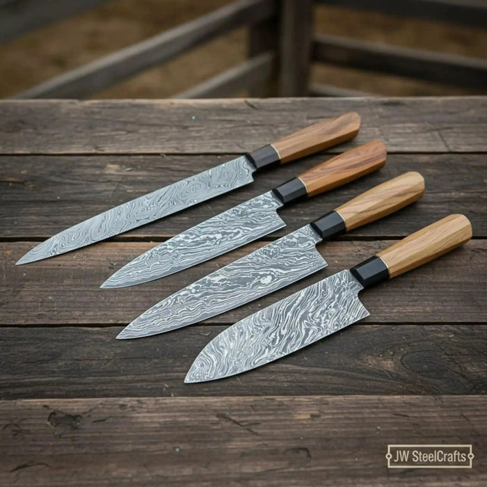 4-Piece Damascus Sujihiki, Gyuto, Santoku & Nakiri Set – Olive Wood Wa Handle