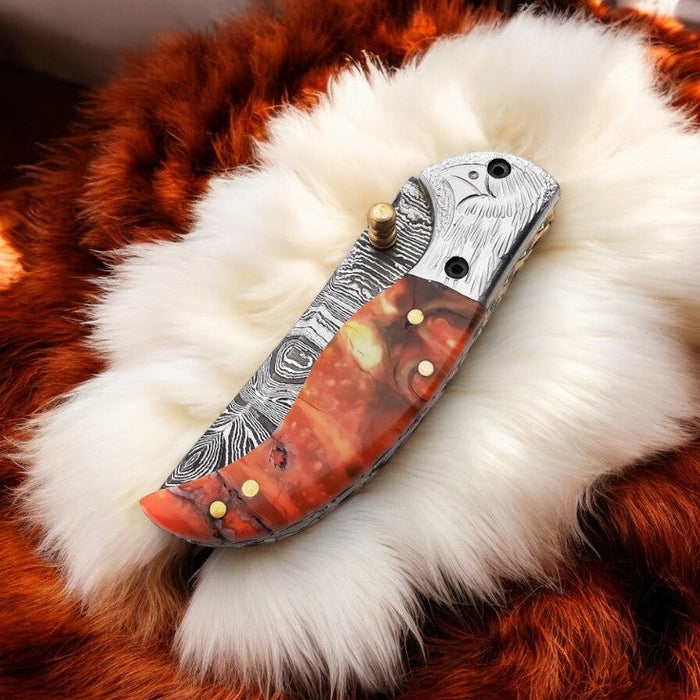Handmade Damascus Pocket Knife – Epoxy Resin Handle