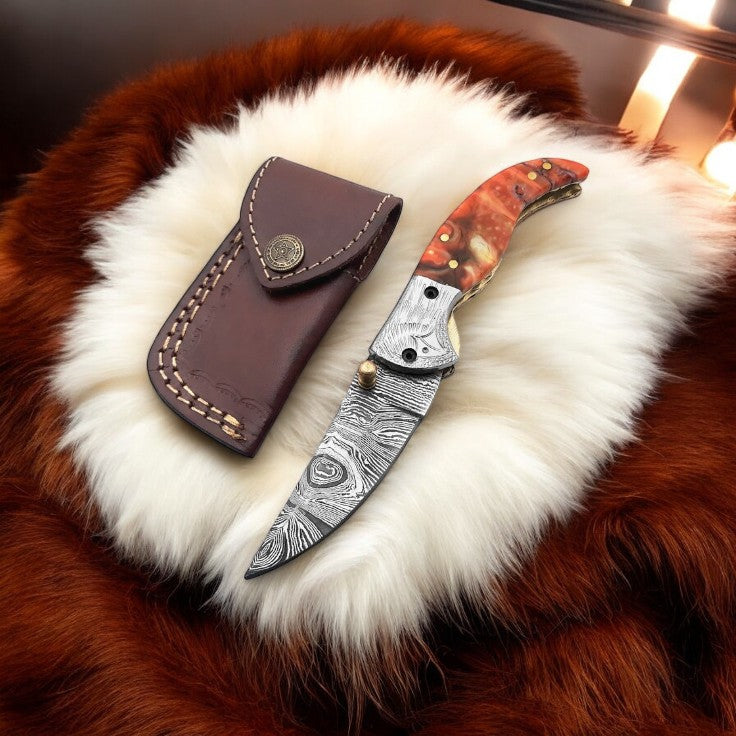 Handmade Damascus Pocket Knife – Epoxy Resin Handle