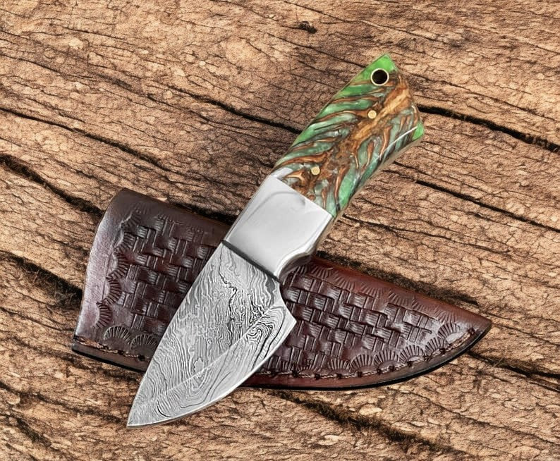 Handmade Damascus Skinning Knife with Epoxy Pine Cone Handle