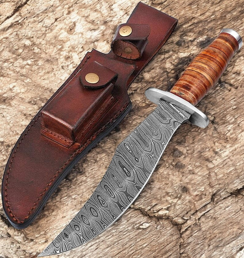 Handmade Damascus Steel Bowie Knife with Leather Handle