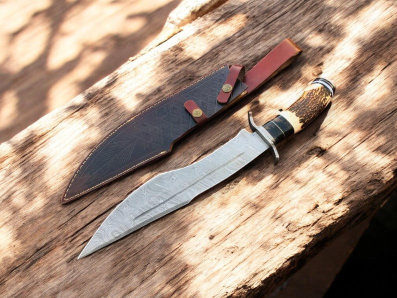 Handmade Damascus Bowie Knife with Antler Horn Handle