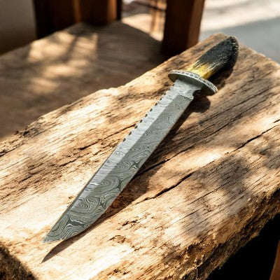 Handmade Damascus Bowie Knife with Bone Handle – 17.5"