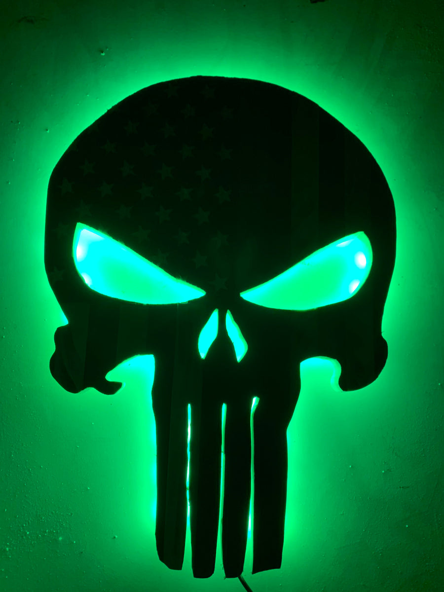 Wooden Thin Blue Line Skull Flag with LED Backlighting