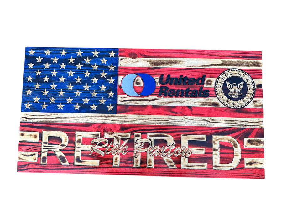 Custom Retirement Wooden American Flag with Engraved Badges