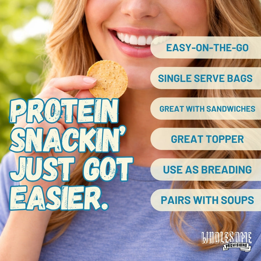 Sea Salt & Vinegar Protein Chips: person holding a chip.
