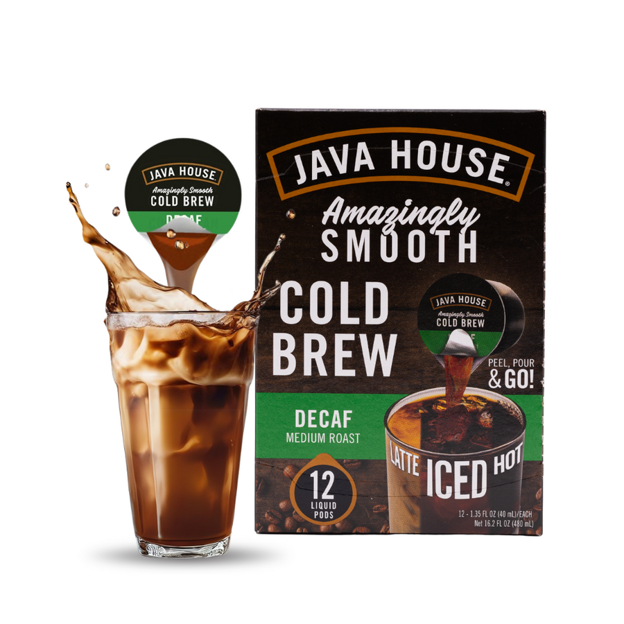 Decaf carton and pod beside iced coffee