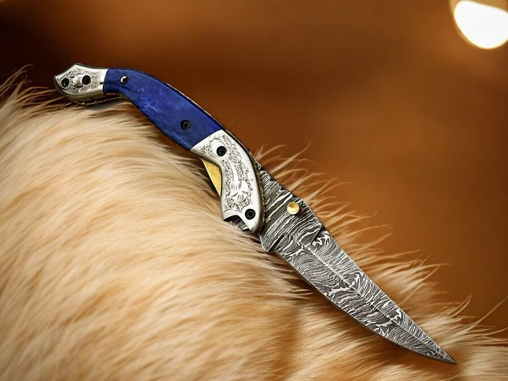 Handmade Damascus Pocket Knife – Blue Wood Handle