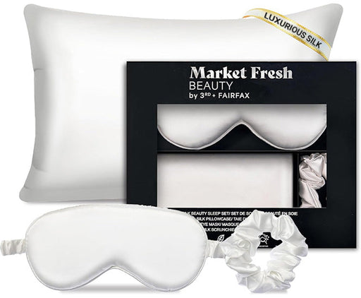 Market Fresh Beauty Mulberry Silk Sleep Set, Pillowcase, Eye Mask and Hair Scrunchie, Silk, White