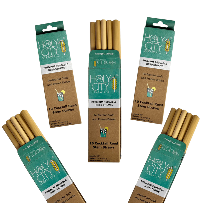 Cocktail Reusable Reed Straw Bundle 5 Pack Spread with three opened