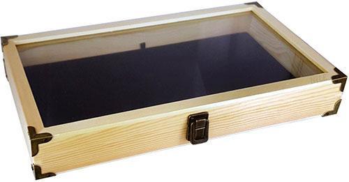 Natural Wood Color Wooden Tempered Glass Jewelry Display Case with Black Velvet Pad