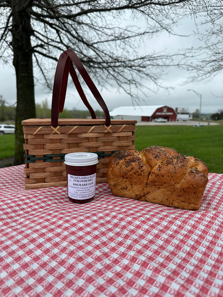 Miller’s Strawberry Rhubarb Jam 9.4 oz jar with ingredient label.