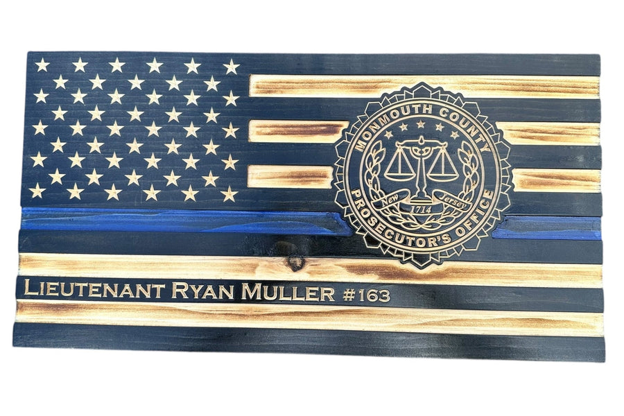 Custom Thin Blue Line Wooden Flag with Engraved Police Badge