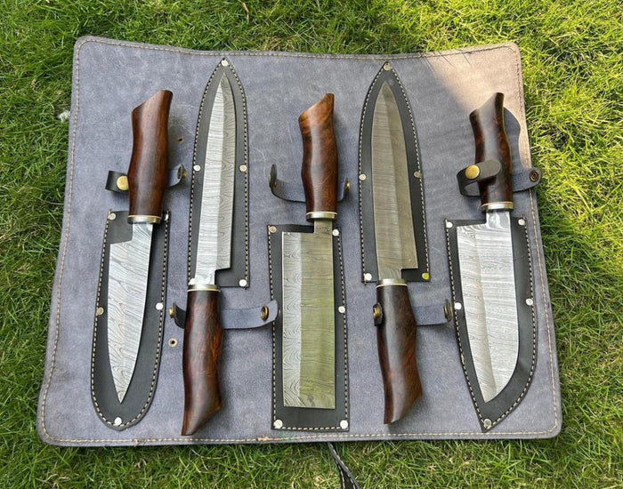 5 pieces custom made Damascus steel chef knives set