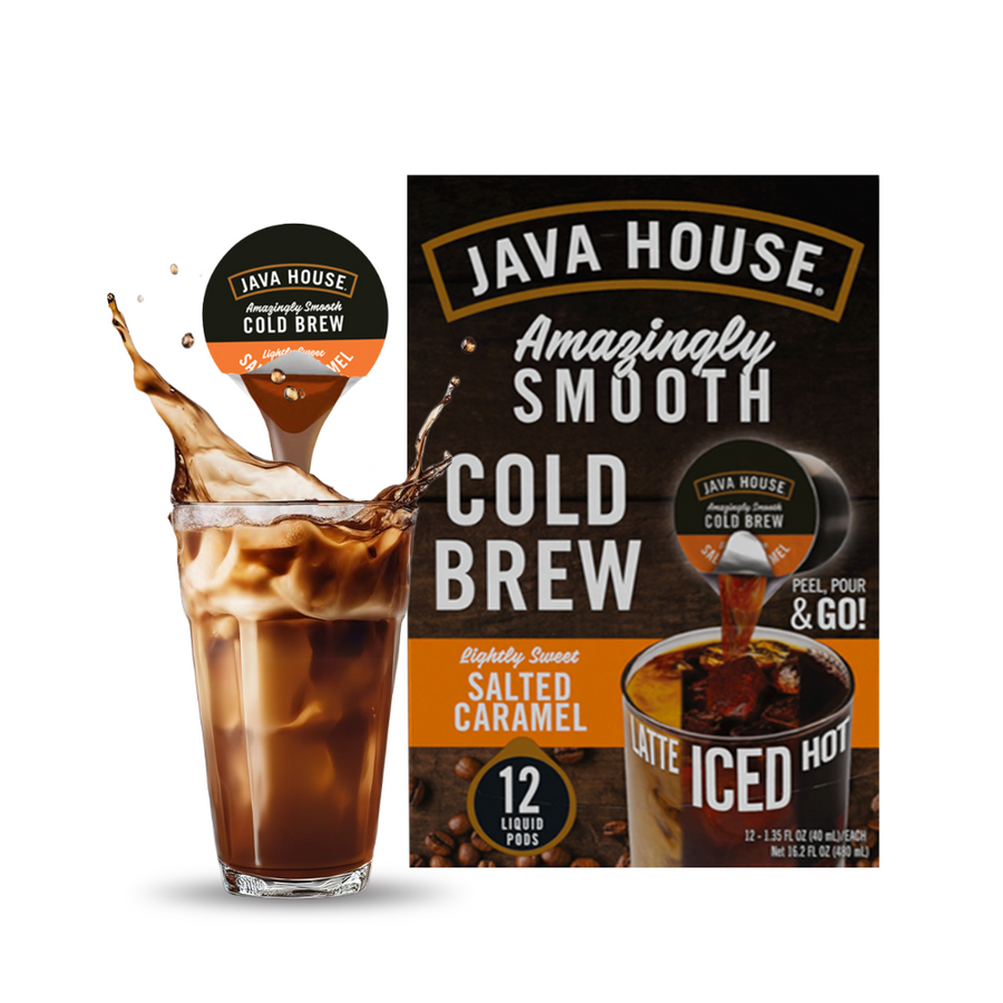 Salted Caramel coffee carton and pod with iced drink