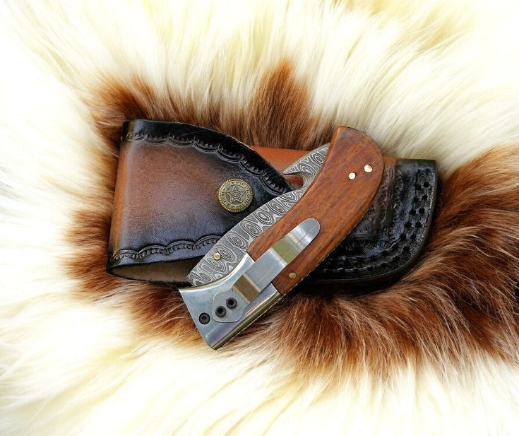 Handmade Damascus Steel Folding Knife with Rosewood Handle