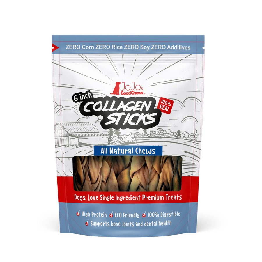 All-Natural Braided Collagen Stick Dog Treats, Supports Joint, Skin & Coat Health – 6-Inch Standard (4-Pack)