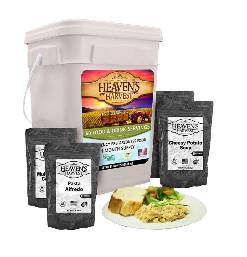 Starter food and drink bucket with separate pouches and a prepared meal, serving suggestion