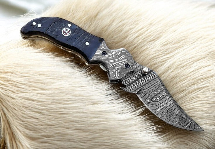 Custom Handmade Damascus Pocket Knife – Blue Pakka Wood
