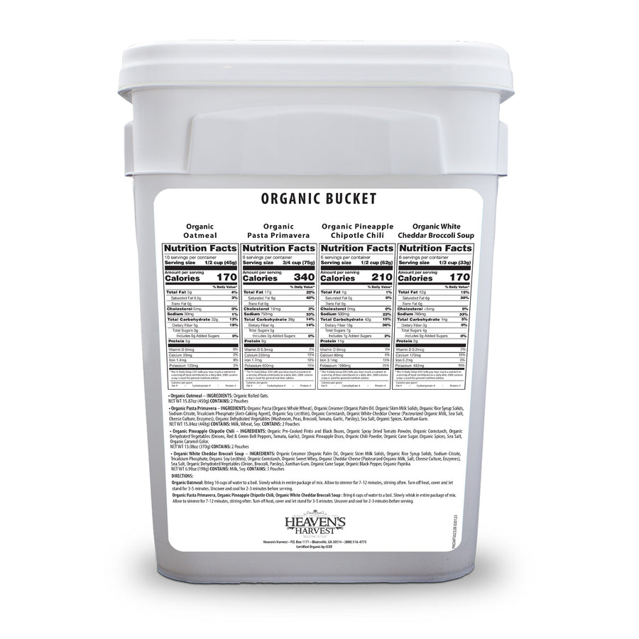 Organic emergency food bucket with rear nutrition label