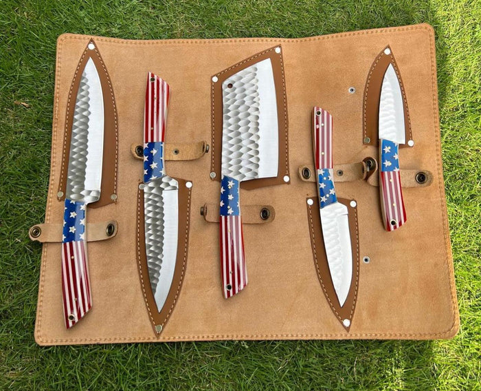 5 pieces Hand Forged D2 steel Texas Flag kitchen chef knives