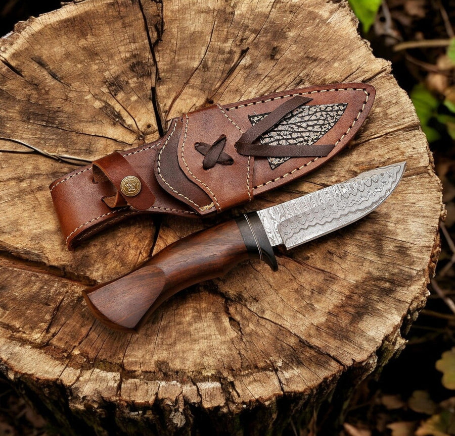 Handmade Damascus Hunting Knife – 10" with Rosewood Handle
