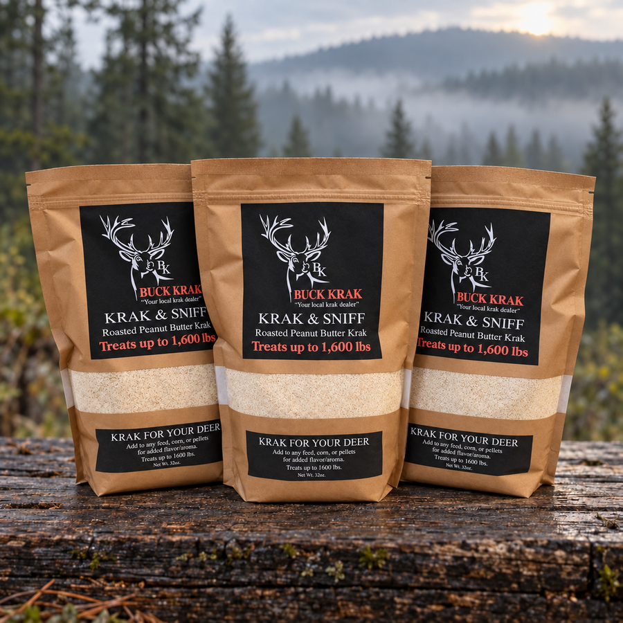 Three Roasted Peanut Butter Krak & Sniff pouches with mountains behind them