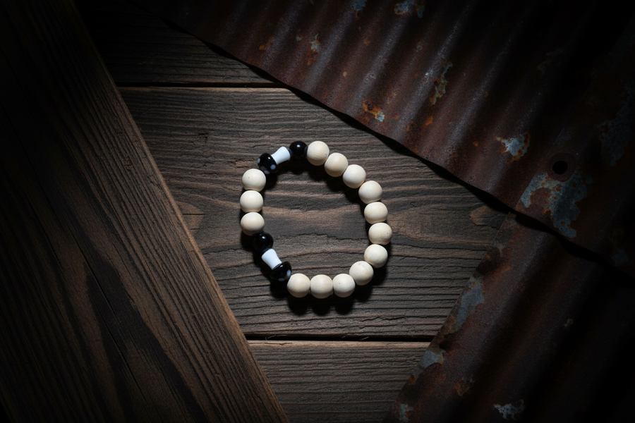 Black Mushrooms w/Tan Wood Beads Bracelet By Theiss Tye Dye Studio