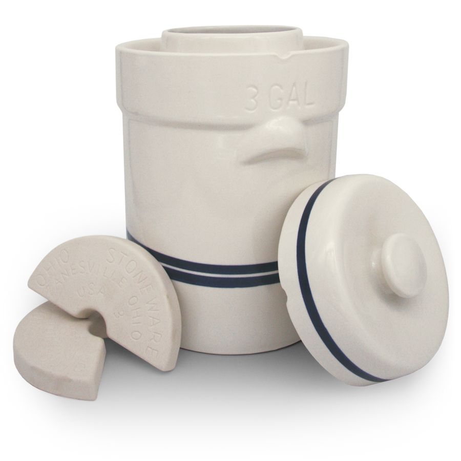 Three-gallon water-seal crock shown with a cover and weights; this listing supplies the body only