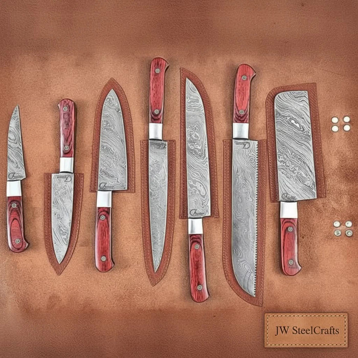 7-Piece Damascus Kitchen Knife Set — Chef, Nakiri, Bread Knife and Cleaver, Red Pakka Wood Handles