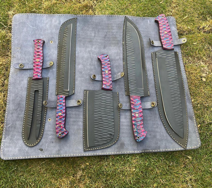 5 pieces Hand Forged Butcher kitchen chef knives & Fork set