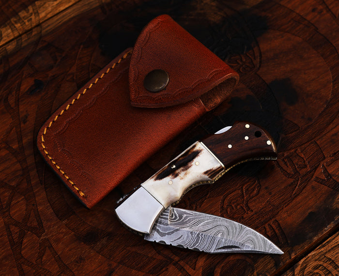 DAMASCUS STEEL POCKET KNIFE STAG AND ROSE WOOD HANDLE KNIFE HANDMADE