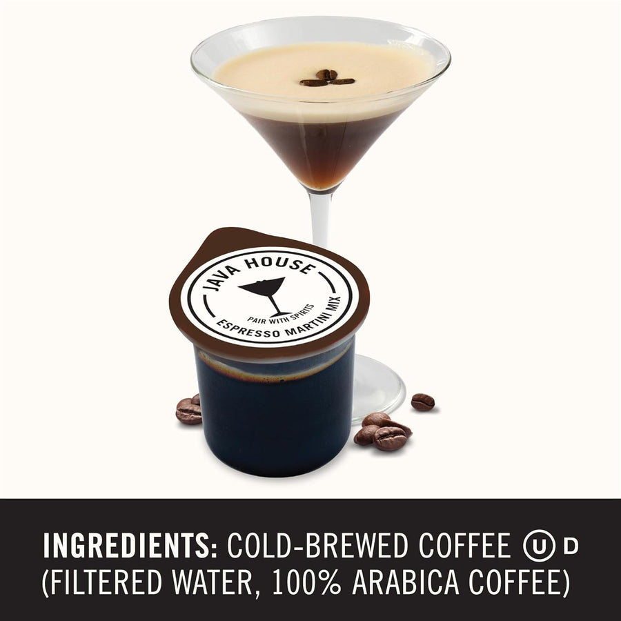 Prepared espresso martini beside an open coffee pod
