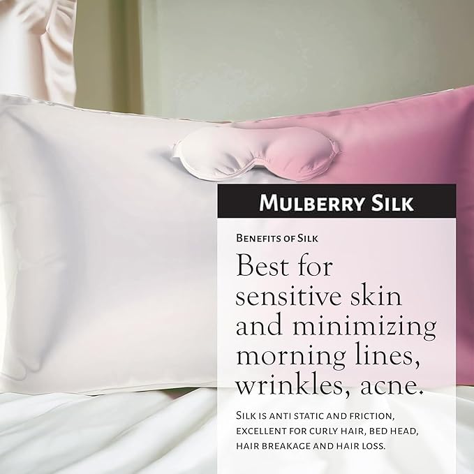 Market Fresh Beauty Mulberry Silk Sleep Set, Pillowcase, Eye Mask and Hair Scrunchie, Silk, Pink & White Gradient