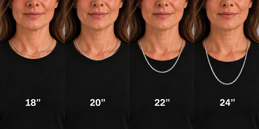 Female model comparing 18, 20, 22 and 24 inch necklace lengths