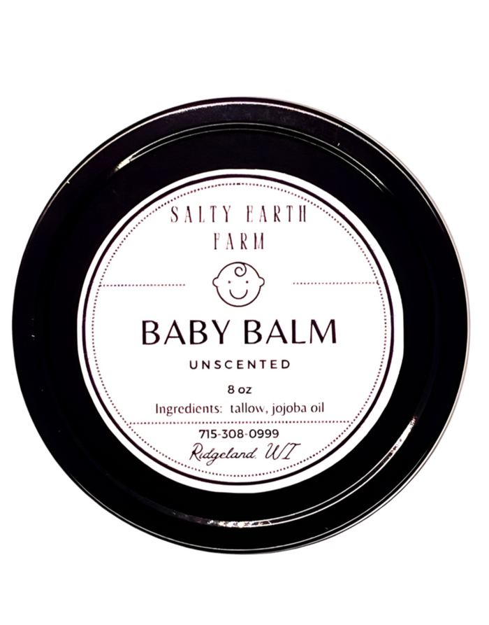 Salty Earth Farm unscented Baby Balm lid showing tallow, jojoba oil and an 8 oz label