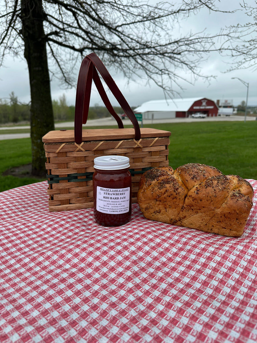 Miller’s Strawberry Rhubarb Jam 18 oz jar with ingredient and Lamoni, Iowa production label.