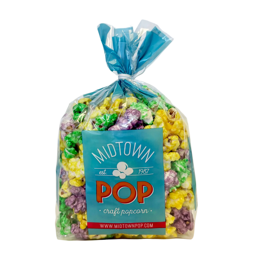 Bag of Mardi Gras candy-coated confetti popcorn