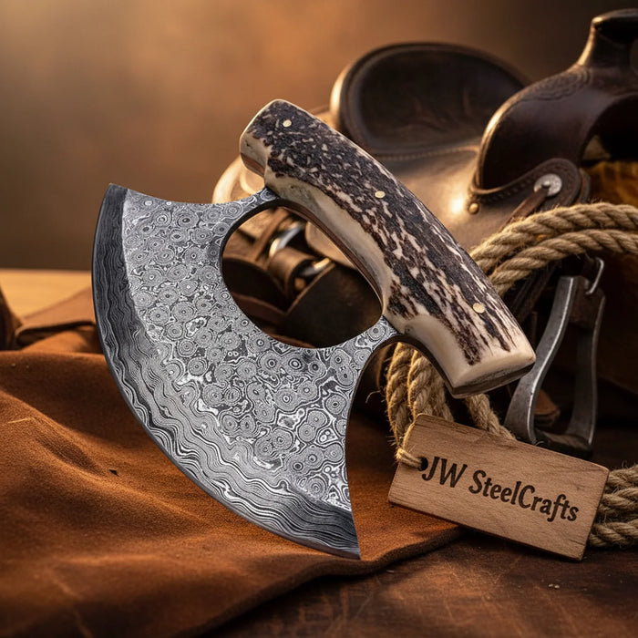 Stag-Horn Ulu with Damascus Raindrop Blade for Kitchen