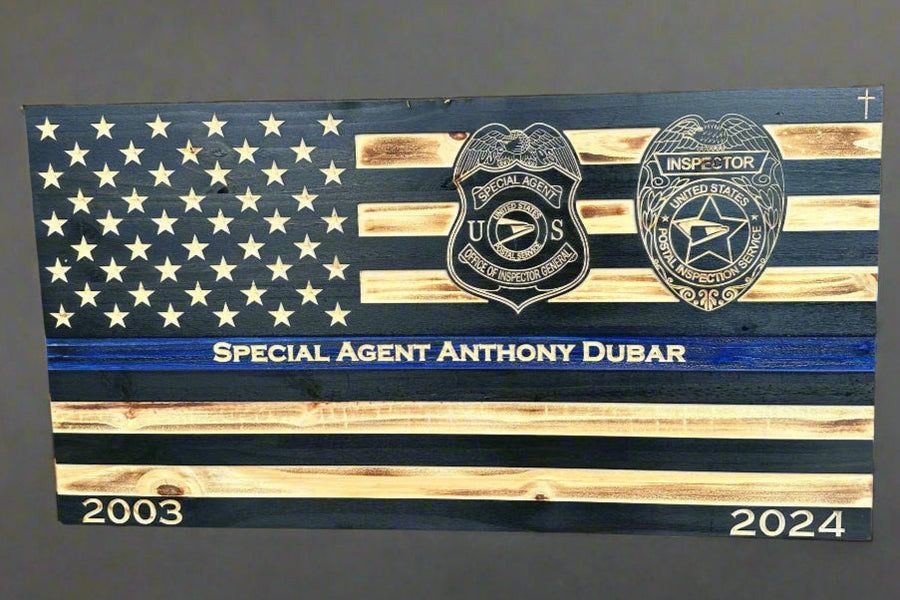 Custom Thin Blue Line Wooden Flag with Engraved Police Badge